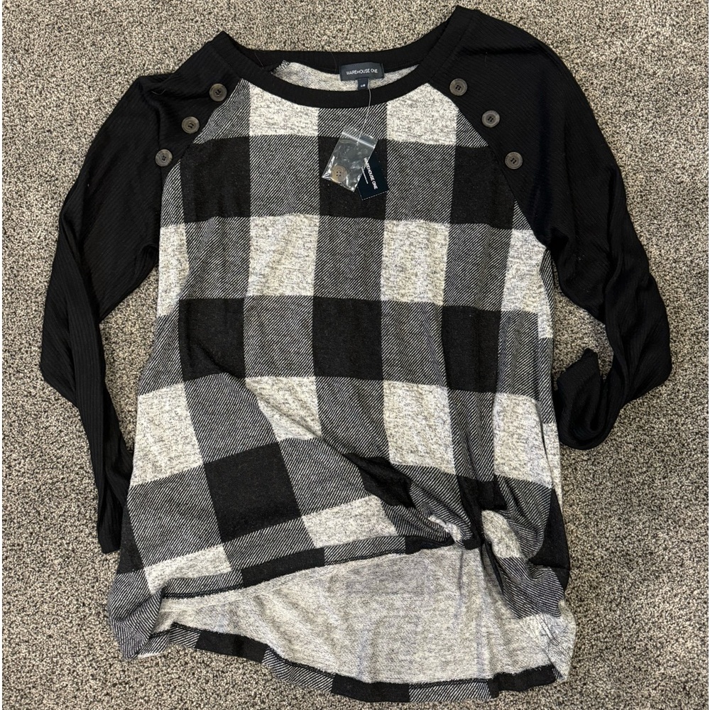 Warehouse One / large black and grey plaid long sleeve